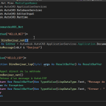 Code VB.NET AutoCAD montrant une commande .NET et une fonction AutoLISP HELLO_LSP
