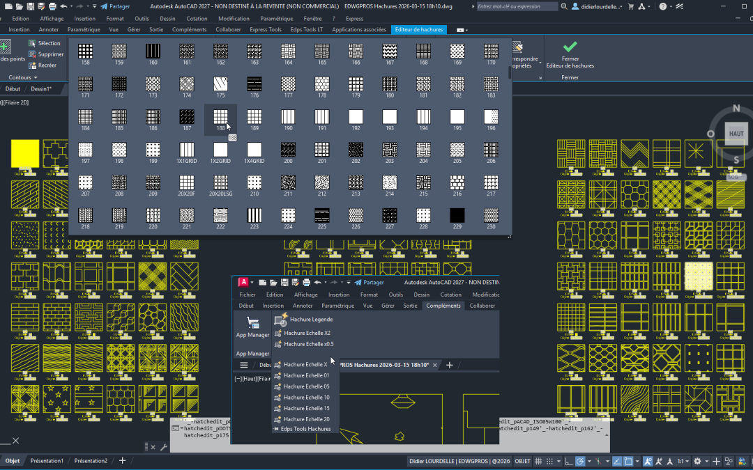 Plug-in entreprise EDWGPROS Hachures dans AutoCAD 2027 affichant une bibliothèque de plus de 230 motifs de hachures avec outils de gestion des échelles et de légende automatique, compatible AutoCAD LT 2024, AutoCAD Electrical, MEP, Architecture, Map 3D et Plant 3D.
