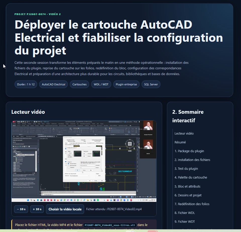 Support interactif d'un accompagnement AutoCAD Electrical comprenant la vidéo, un sommaire cliquable et la documentation technique réalisée par EDWGPROS.