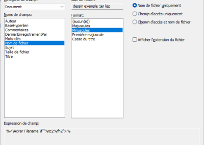 Boîte de dialogue Champ AutoCAD configurée pour afficher le nom du fichier DWG sans extension