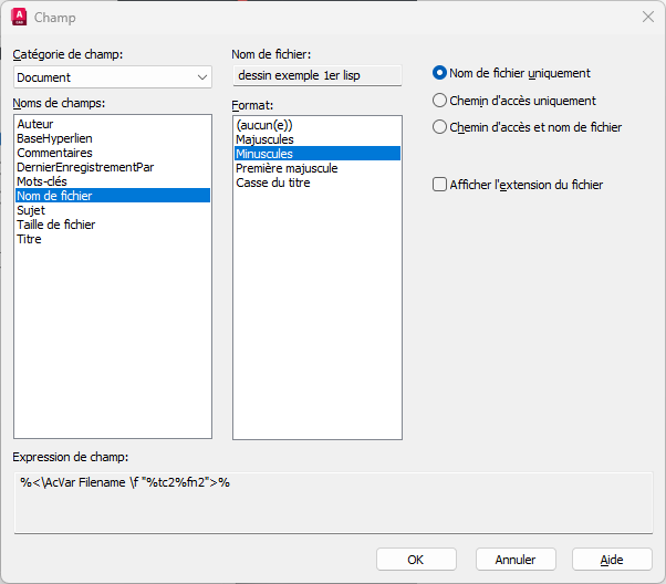 Boîte de dialogue Champ AutoCAD configurée pour afficher le nom du fichier DWG sans extension