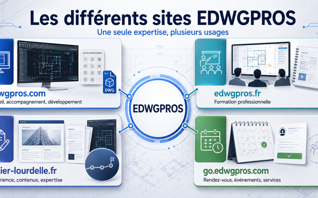 Schéma des différents sites EDWGPROS : edwgpros.com, edwgpros.fr, didier-lourdelle.fr et go.edwgpros.com