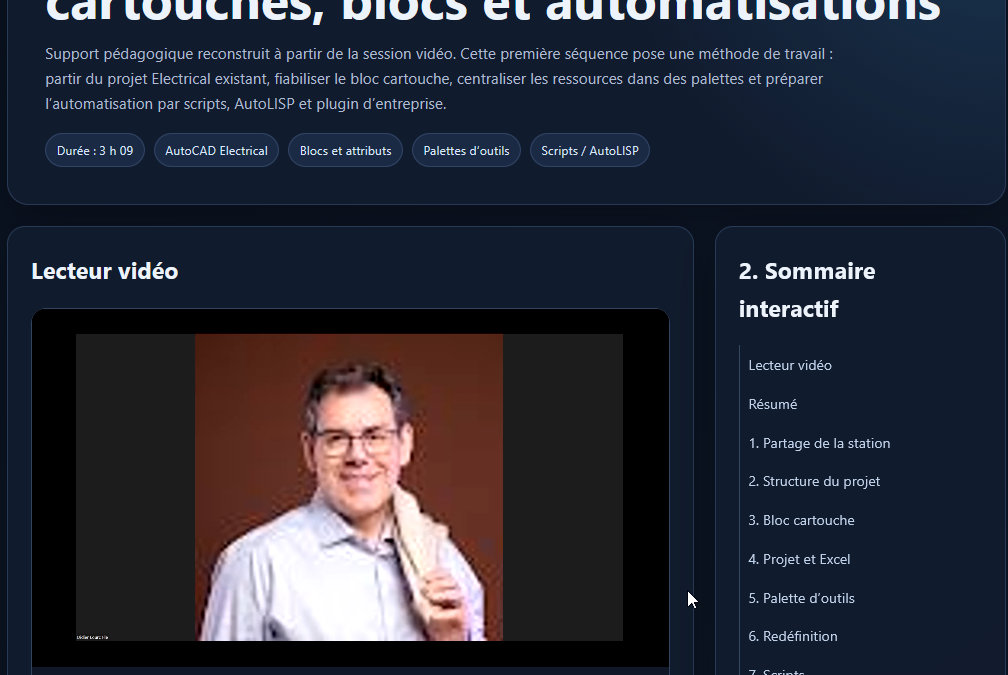 Capture d'écran d'un support interactif de formation AutoCAD Electrical avec sommaire, lecteur vidéo et chapitres sur les cartouches et blocs