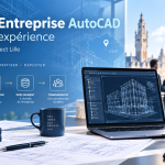 Visuel de retour d’expérience EDWGPROS Connect Lille sur le Plugin Entreprise AutoCAD, avec plans techniques, interface CAO et étapes de standardisation, automatisation, déploiement et transmission.